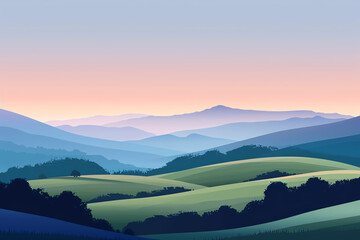 Obraz premium gentle rolling hills at dawn flat design side view, serene theme, animation, Triadic Color Scheme.