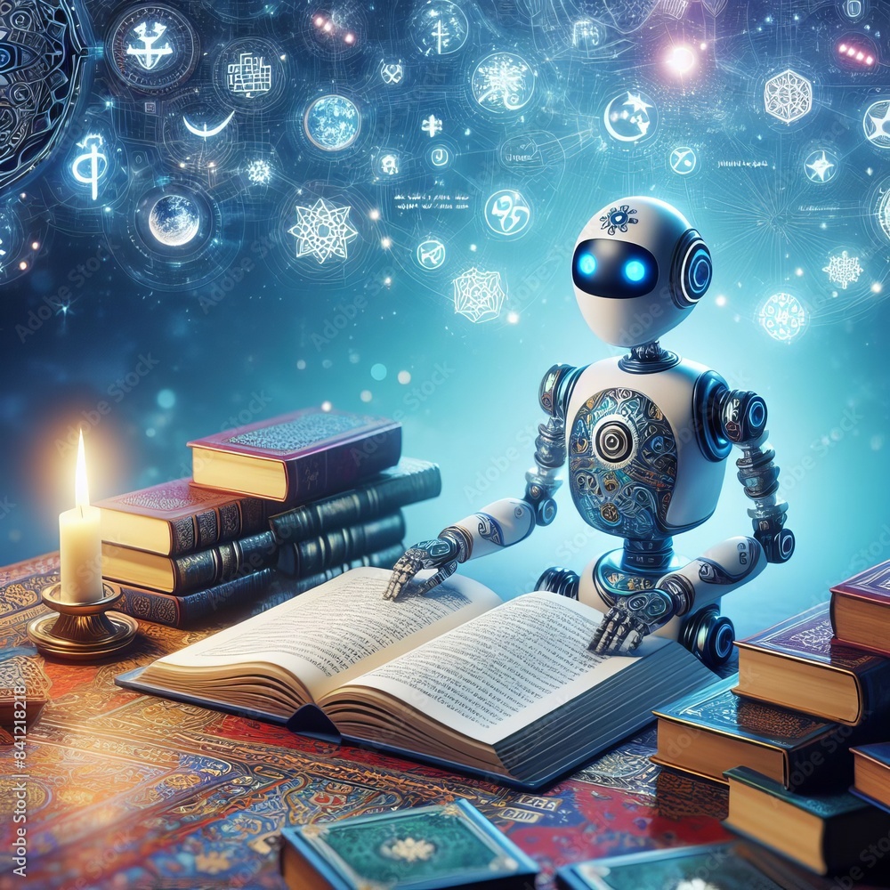 Poster a small robot studies ancient texts in a mystical setting, surrounded by glowing symbols and books, 