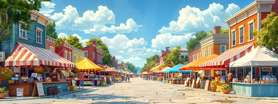 Vibrant Fourth of July Street Fair with Bustling Booths and Activities A lively community featuring a variety of vendor stalls arts and crafts food vendors