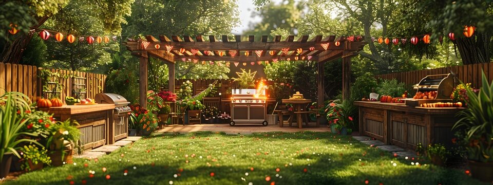 Festive backyard barbecue party set up for Fourth of July a cozy outdoor kitchen dining area and decorative lighting creating a warm and inviting atmosphere for gathering entertaining