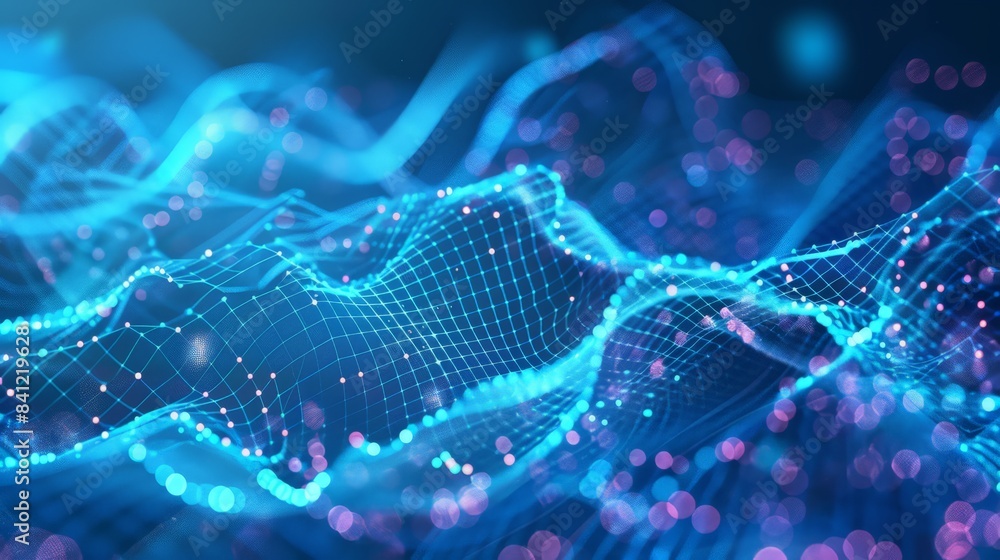 Poster illustrate a blue background with digital waveforms, representing sound and technology themes.