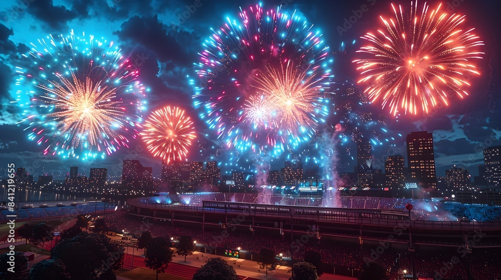 Poster mesmerizing display of colorful fireworks exploding over a large crowded sports stadium illuminating