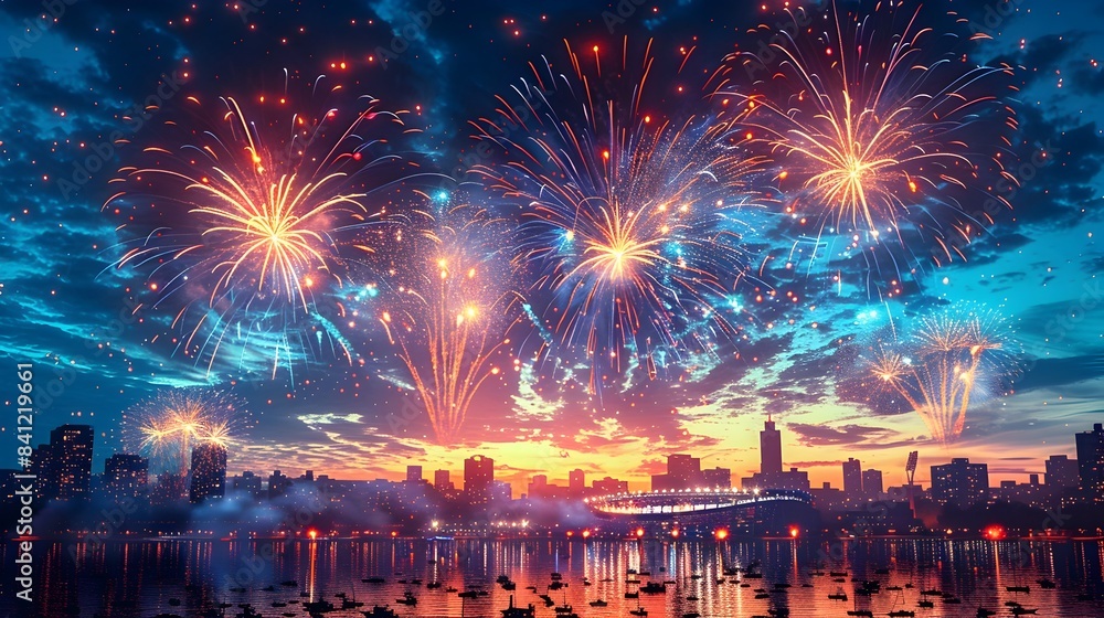 Aufkleber mesmerizing fireworks exploding in a vibrant display over the glittering skyline of a bustling city 