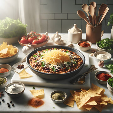 Anafre de Frijoles with Tortilla Chips on Marble Counter
