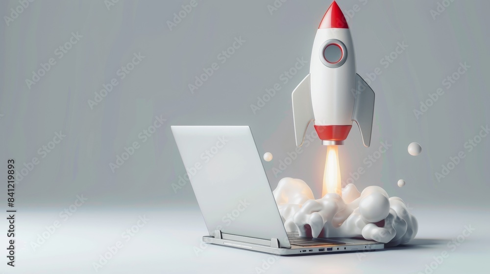 Poster visualizes the concept of a rocket launching from a laptop, symbolizing rapid technological advancem