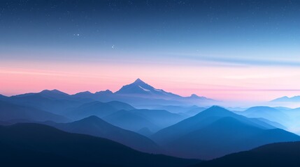 A stunning view of a mountain range at dawn, with a pink and blue sky