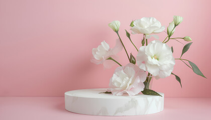 Composition with plaster podium and beautiful eustoma flowers on