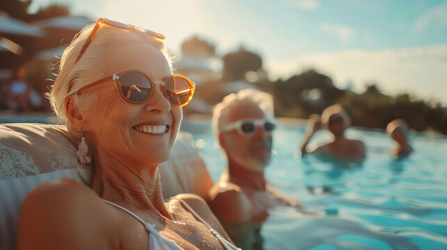 Beautiful elderly couple enjoying hot day outdoors by pool with friends, putting sunscreen on. Group of cheerful seniors sitting on poolside sunbathing