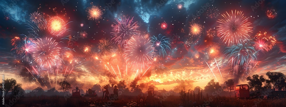 Poster captivating behind the scenes community fireworks display at dusk with vibrant explosions of color a