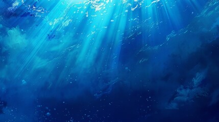Illustrate a blue underwater scene with light rays penetrating the surface, evoking the mysterious and tranquil beauty of the ocean depths.
