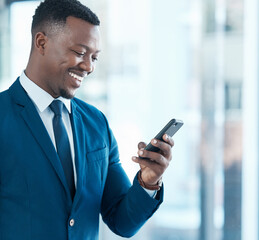Business, black man and phone for internet research with social media, online news app and stock...