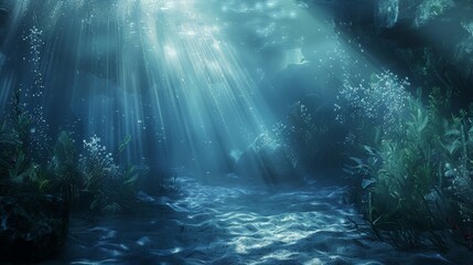 Illustrate a blue underwater scene with light rays penetrating the surface, evoking the mysterious and tranquil beauty of the ocean depths.