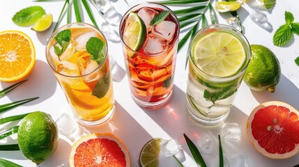 Three glasses of different colored drinks with ice and fruit on a table