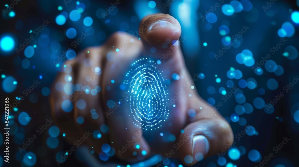Poster fingerprint identification technology. a close-up image of a fingerprint glowing with blue light, sy