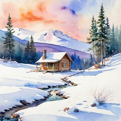 Fototapeta premium Watercolor Painting of a Snowy Winter Landscape with a Cozy Cabin