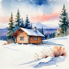 Watercolor Painting of a Snowy Winter Landscape with a Cozy Cabin