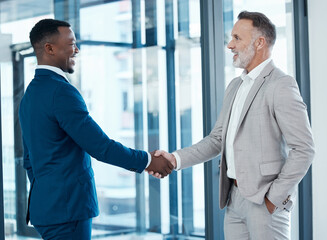 Business people, handshake and welcome for partnership with onboarding and congratulations in office. Corporate diversity, men and collaboration with career opportunity or thank you for job interview