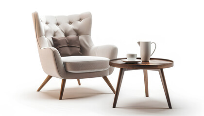 Cozy armchair and coffee table isolated on white background