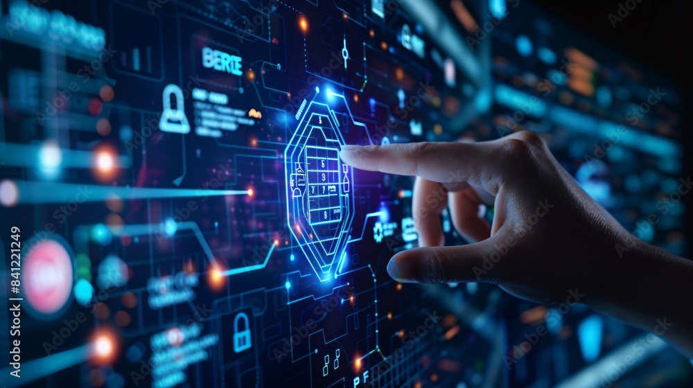 Poster cybersecurity and data protection on the internet, with a person touching a virtual shield for secur
