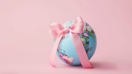 Global Cancer Awareness Concept with Pink Ribbon. A poignant image symbolizing global cancer awareness, featuring a globe wrapped in a delicate pink ribbon against a soft pink background.