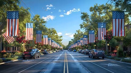 Naklejka premium Waving American Flag Banners Hanging Across City Streets for Patriotic