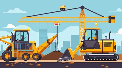 Illustrate a comparison of different construction equipment and machinery, from excavators and cranes to bulldozers and concrete mixers, discussing their functions and applications.