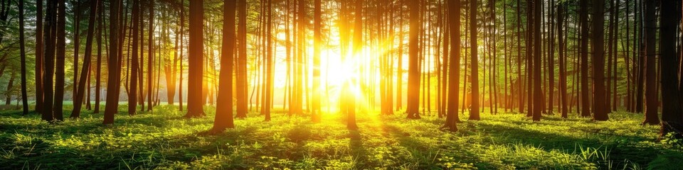 Fototapeta premium A forest with a sun shining through the trees