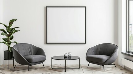 Armchairs and coffee table with empty frame on white wall background. Minimalist home interior design.