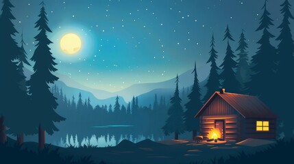 Fototapeta premium Illustrate a peaceful cabin in the woods with a campfire outside, representing the simplicity and tranquility of nature retreats.