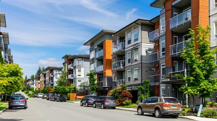 Exterior view of modern low rise apartment buildings complex with parking garages in an urban residential neighborhood : Generative AI
