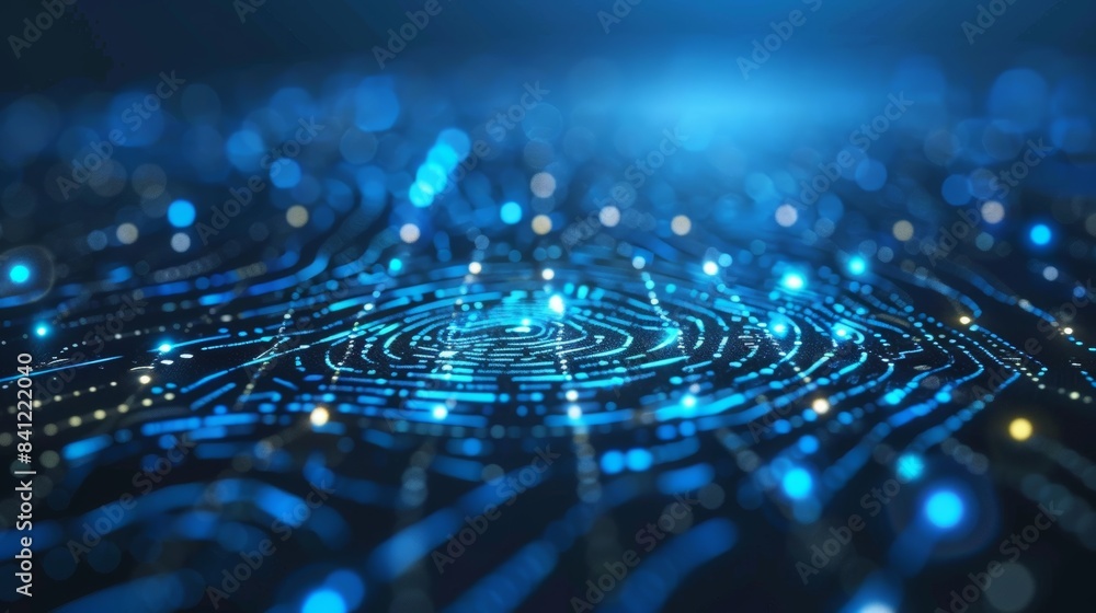 Poster fingerprint identification technology. a close-up image of a fingerprint glowing with blue light, sy