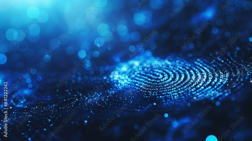 Poster fingerprint identification technology. a close-up image of a fingerprint glowing with blue light, sy