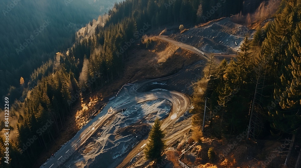 Poster aerial view of a road in the middle of the forest road curve construction up to mountain : generativ