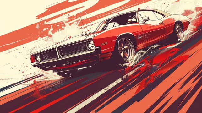 Illustrate a retro muscle car in a drag race, capturing the raw power, loud engines, and excitement of classic American automotive culture.