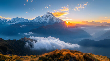 Sunrise at Annapurna mountains range, Machapuchere mountain