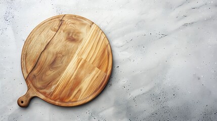 Empty wooden round board on white stone kitchen table top view flat lay Wooden pizza platter copy space : Generative AI