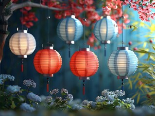 Obraz premium Patriotic Paper Lanterns Hanging from Trees in a Vibrant Outdoor