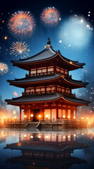 Fototapeta premium A Serene Night of Celebration at the Pagoda With Fireworks Display