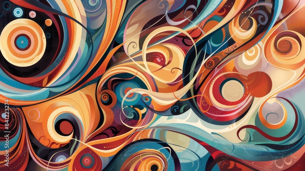 Poster illustrate an abstract interpretation of music, with swirling shapes and rhythmic patterns to repres