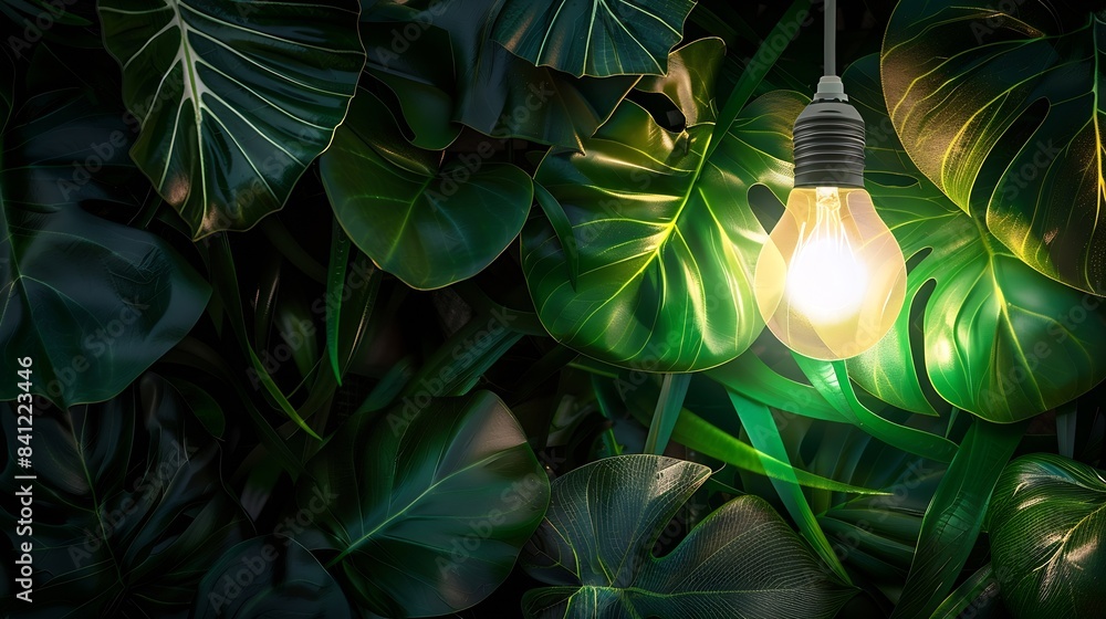 Poster green energy concepts wireless light bulb surrounded by green leaf as sign of light on carbon neutra