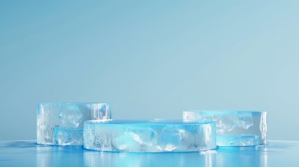 Obraz premium Three clear ice blocks arranged on a reflective blue surface, showcasing a cool and vibrant composition with detailed textures.