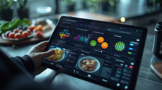 A person uses a tablet to track their food data and nutrition information, analyzing graphs and charts on the screen.