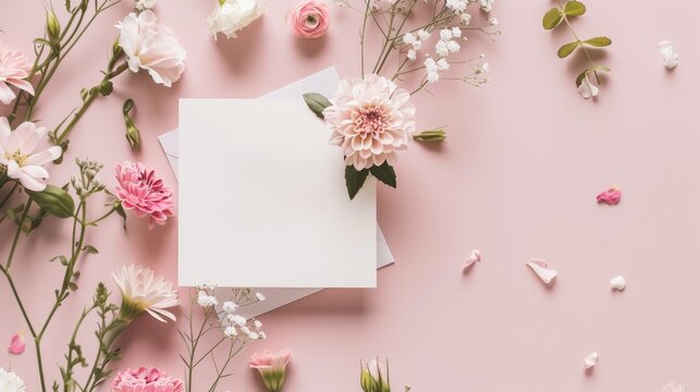 Top view of a blank white card surrounded by various pink flowers and petals on a light pink background, perfect for a floral-themed invitation.