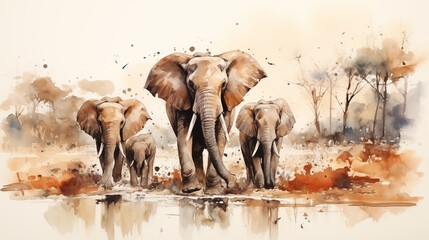 Elephants in the savannah, watercolor painting. Watercolor style painting © stoker