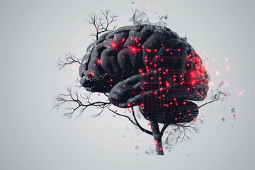 Stylized human brain illustration with circuitry and red lights on a white background