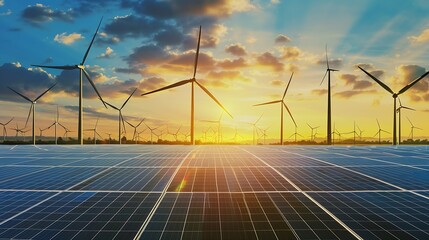 solar cell plant and wind generators under blue sky on sunsetPowerplant with photovoltaic panels and eolic turbineclean energy sustainable Ecoearth daygreen energylove natureeco energy : Generative AI