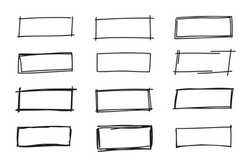 Hand drawn doodle vector rectangle frames. Grungy scribble rectangle frames. Doodle geometric borders. Pen ink empty black text boxes set. 