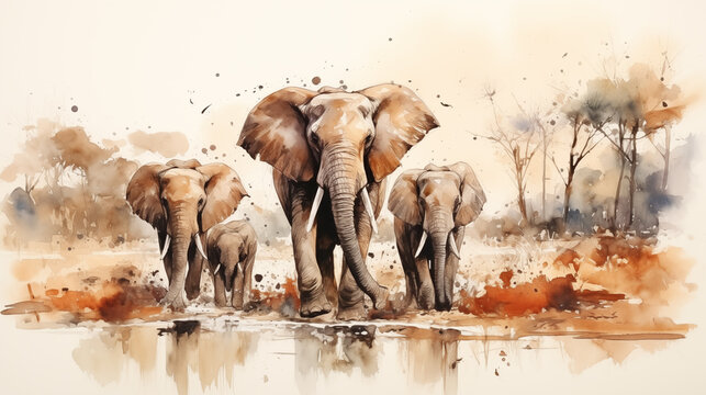 Elephants in the savannah, watercolor painting. Watercolor style painting