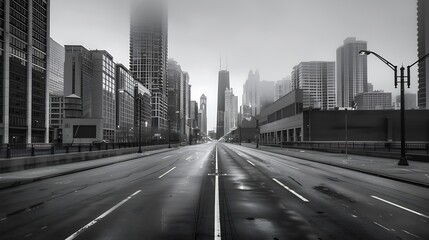 Empty Urban City Street View Black and White on Cloudy Foggy Day of Chicago Skyline with No People or Cars : Generative AI