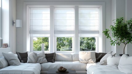 A chic living room setup with large windows showcasing a stunning view of lush greenery, promoting a calm and stylish atmosphere.